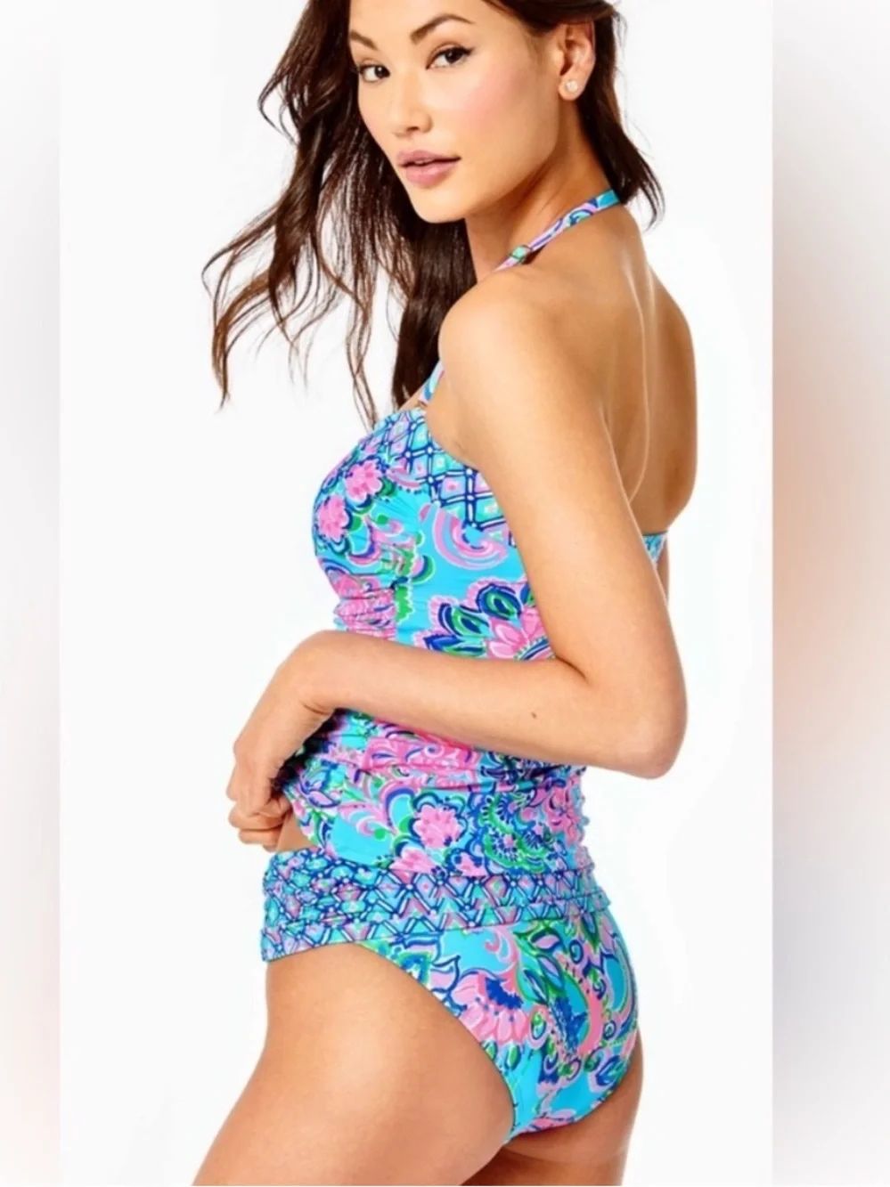 Lilly Pulitzer Turquoise Pink Floral Bandeau Tankini - Picture 3 of 6